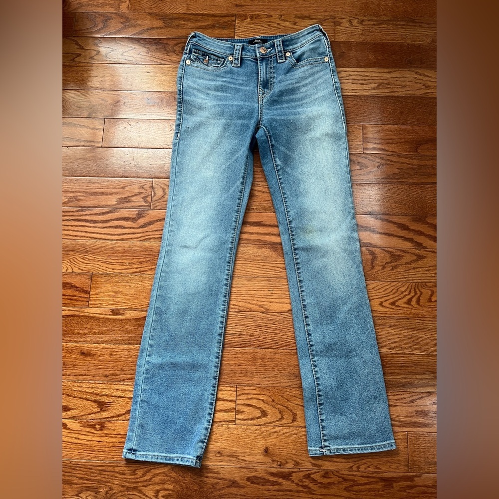 True Religion Bille Mid Rise Straight Flaps Light Wash Women’s Sz 28